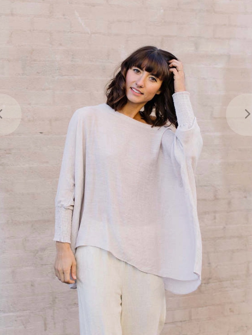 Relaxed Light Beige Tunic Top with Smocked Cuffs
